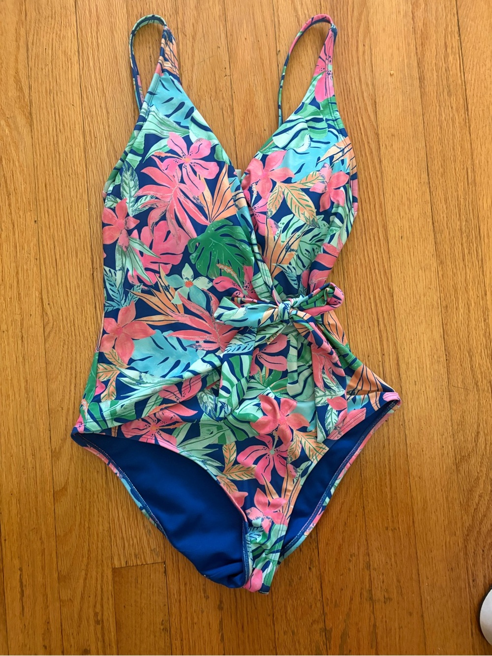 Floral Tie-Waist One-Piece Swimsuit - Pink & Blue